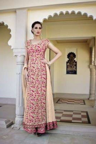 Beige & Pink Embroidered Anarkali Suit