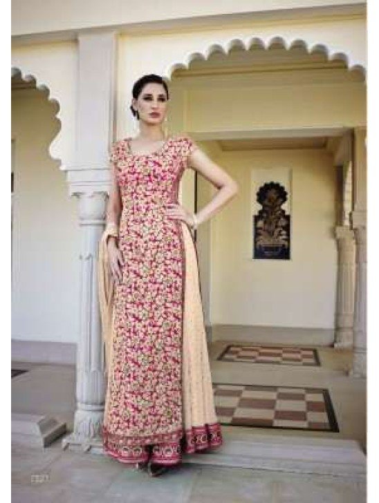 Beige & Pink Embroidered Anarkali Suit
