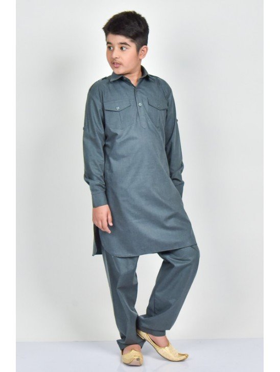 Dark Grey Collar Kurta For Boys