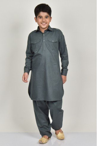 Dark Grey Collar Kurta For Boys