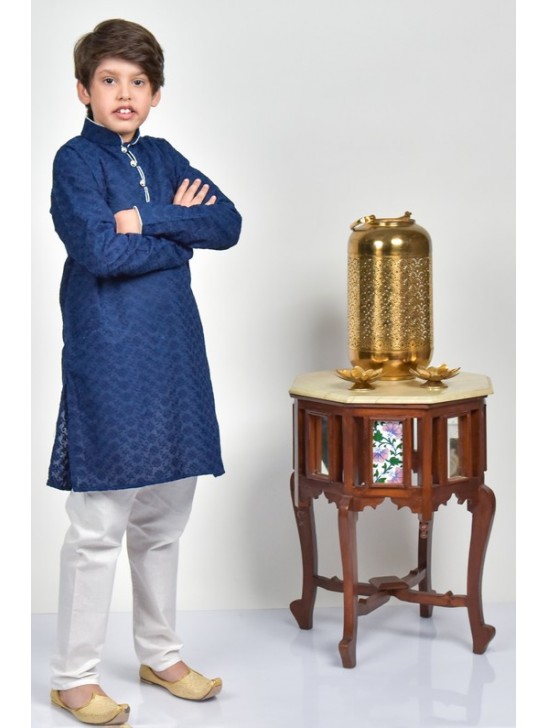 Navy Blue Kurta White Pajama For Boys