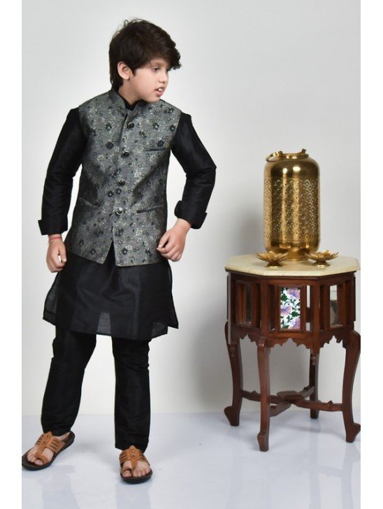 Black Kurta Pajama With Matching Grey Waistcoat