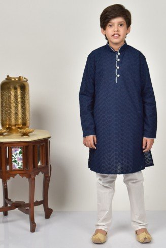 Navy Blue Kurta White Pajama For Boys