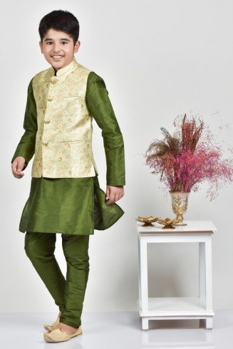 Green Indian Boys Party Wear Jamawar Waistcoat
