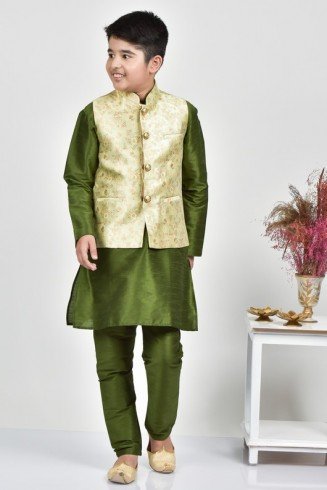 Green Indian Boys Party Wear Jamawar Waistcoat