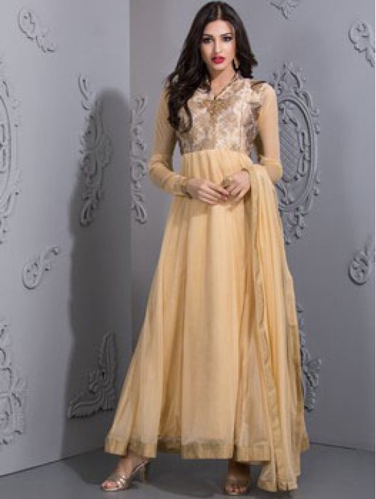 GOLD BROCADE BODICE READYMADE FLAIR ANARKALI SUIT