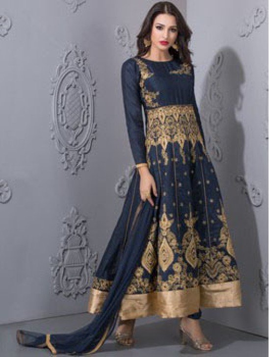 Blue Party Dress Gold Anarkali Gown