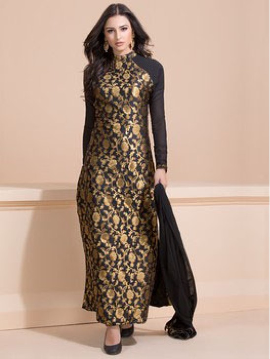 Black and Gold Brocade Dress Indian Party Suit