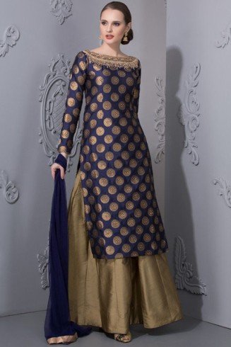 Blue Gold Silk Dress Wedding Gown