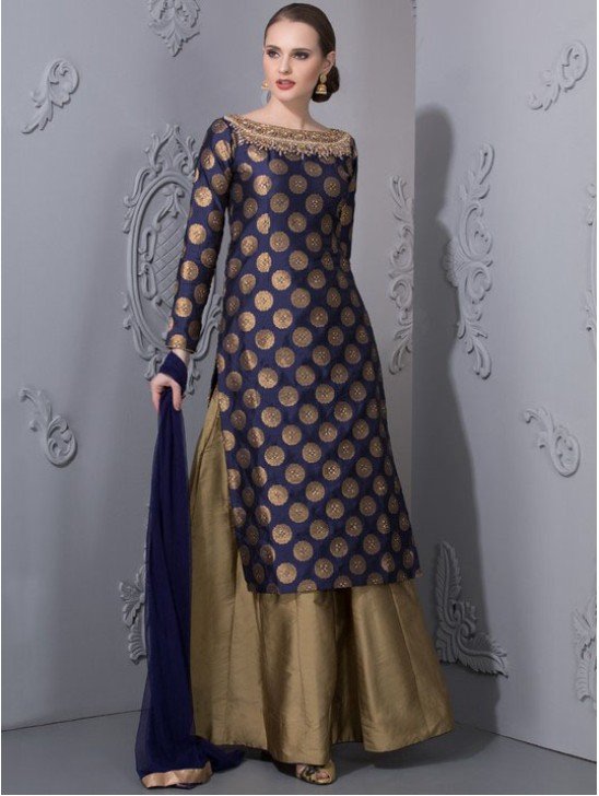Blue Gold Silk Dress Wedding Gown