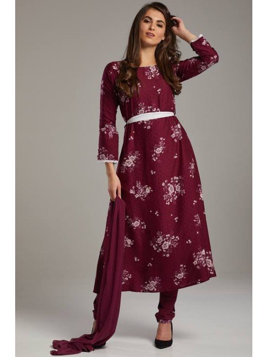 Wine Printed Anarkali Frock Suit