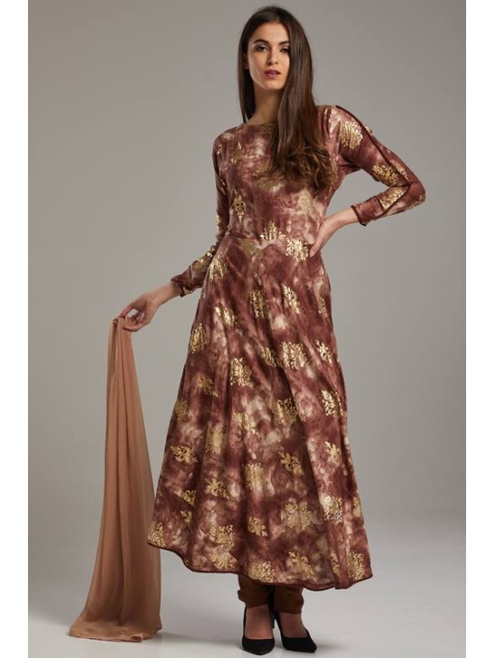 Elegant Brown Foil Printed Circular Style Anarkali Dress