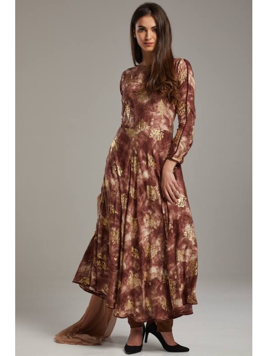 Elegant Brown Foil Printed Circular Style Anarkali Dress