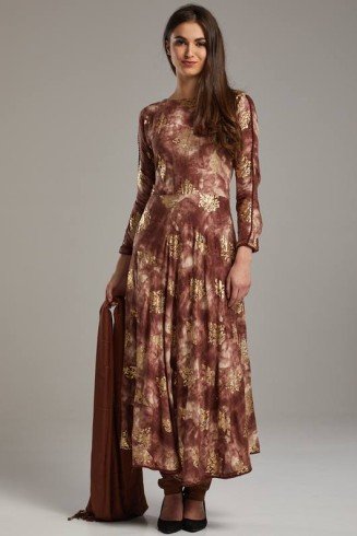 Elegant Brown Foil Printed Circular Style Anarkali Dress