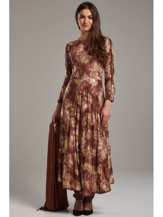 Elegant Brown Foil Printed Circular Style Anarkali Dress