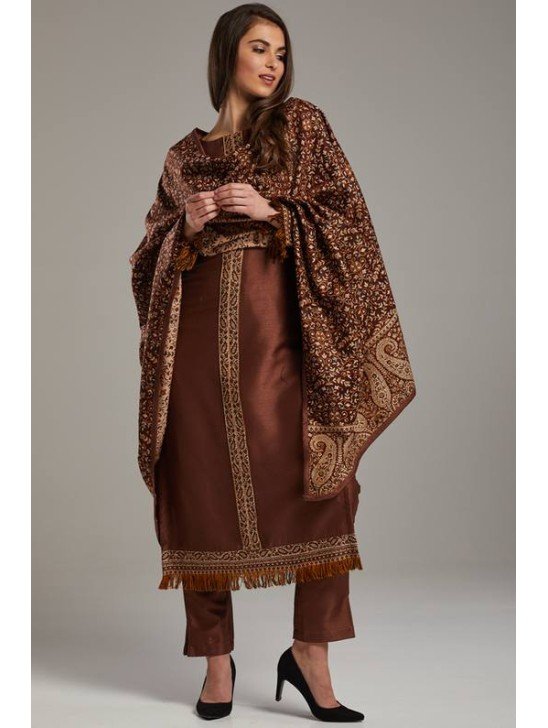 Brown Woven Embellished Pakistani Designer Dress