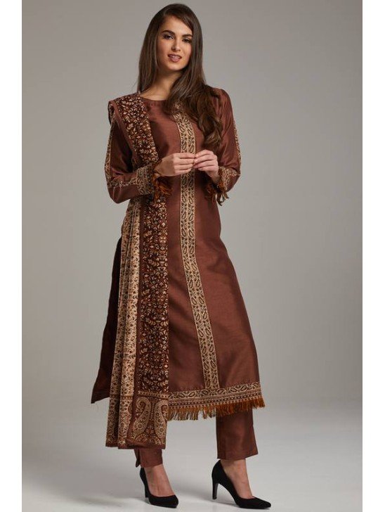 Brown Woven Embellished Pakistani Designer Dress