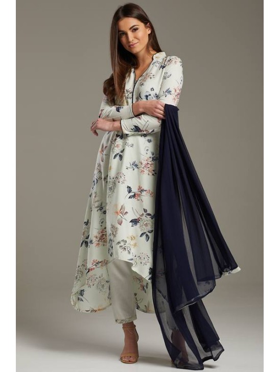 White C Cut Kurta Floral Printed Designer Suit