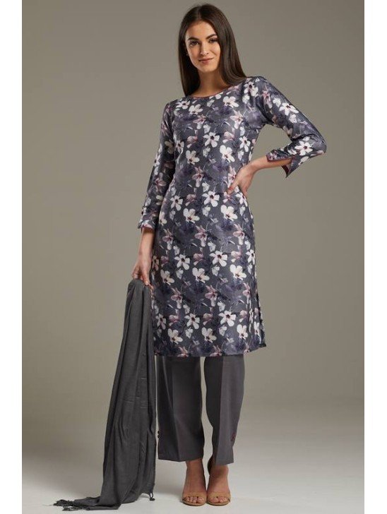 Grey Floral Printed Designer Salwar Kameez