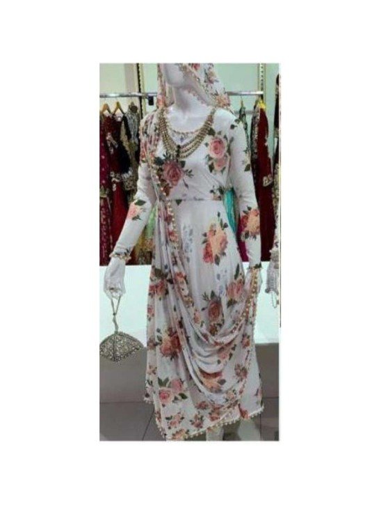 White Floral Printed Designer Dress Summer Suit