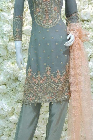 ZAS-SH-2 Grey Peach Readymade Chiffon Pakistani suit 