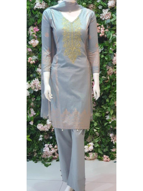 LIME GREY PRINTED COTTON LAWN SALWAR SUIT