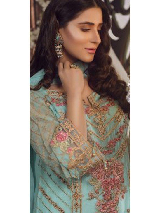 BISCAY GREEN CHIFFON EMBROIDERED LUXURY PAKISTANI STYLE SUIT