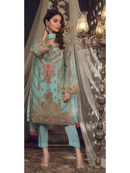 BISCAY GREEN CHIFFON EMBROIDERED LUXURY PAKISTANI STYLE SUIT