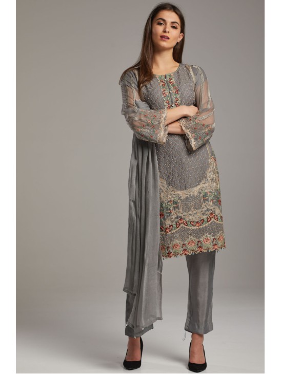 ASH GREY INDIAN ETHNIC FESTIVE PARTY WEAR READYMADE SALWAR SUIT