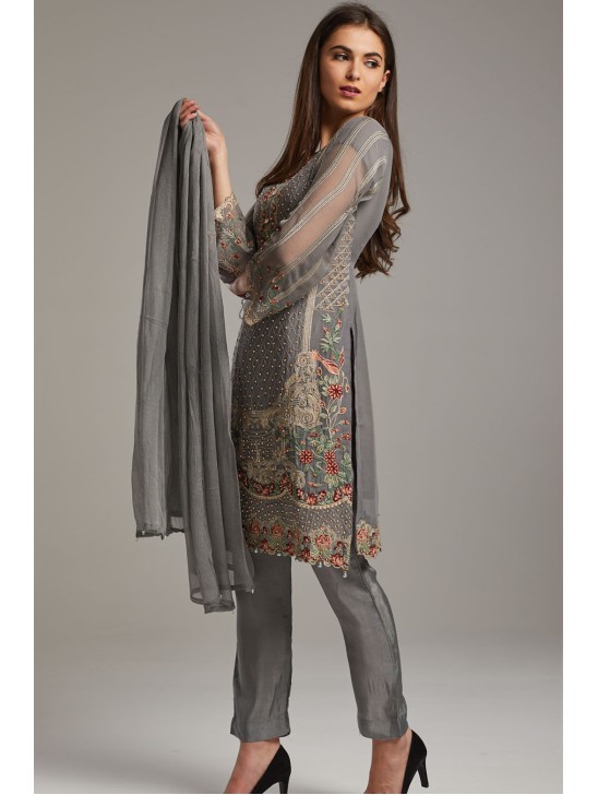 ASH GREY INDIAN ETHNIC FESTIVE PARTY WEAR READYMADE SALWAR SUIT