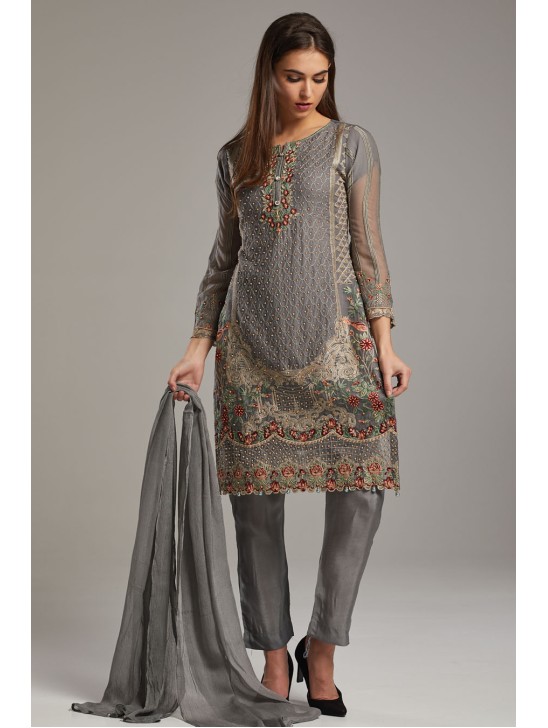 ASH GREY INDIAN ETHNIC FESTIVE PARTY WEAR READYMADE SALWAR SUIT