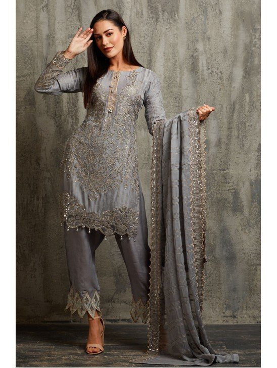 Ash Grey Pakistani Party Suit