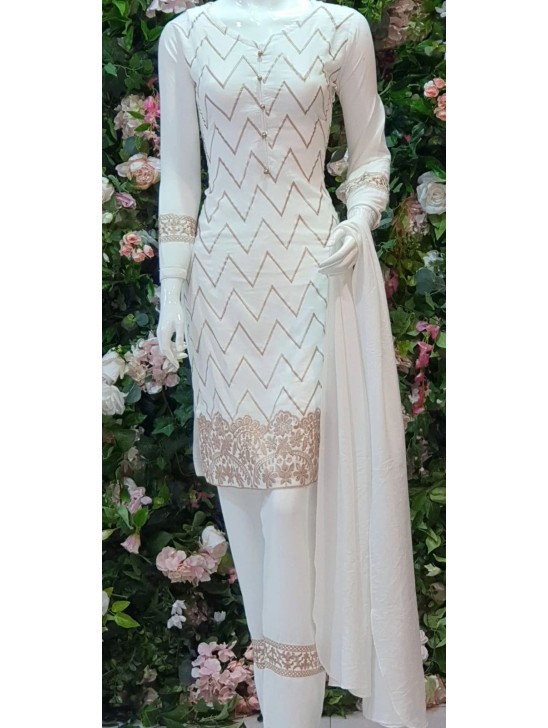 WHITE RICH LINEN FABRIC READYMADE PAKISTANI SALWAR KAMEEZ