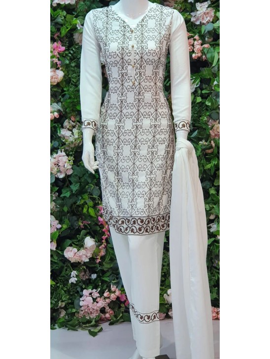 WHITE READYMADE PAKISTANI PREMIUM LINEN SALWAR KAMEEZ