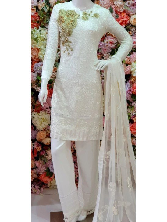 White Chiffon Pakistani Party Readymade Suit