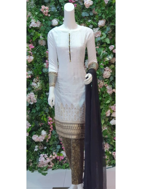 BRILLIANT WHITE SOPHISTICATED LINEN READYMADE SALWAR SUIT MEDIUM