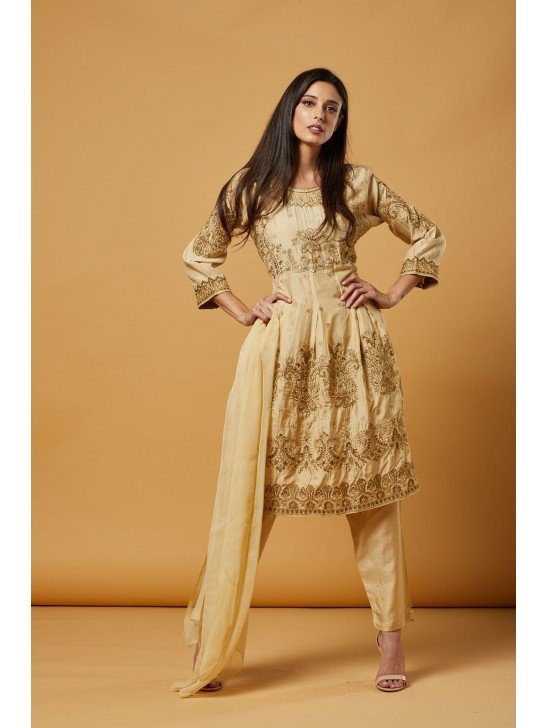 Gold Frock Salwar Suit Readymade Pakistani Wedding Dress