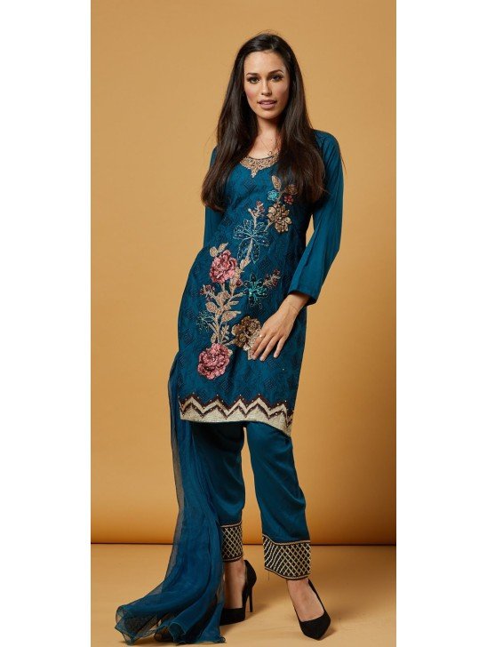 TEAL BLUE PAKISTANI DESIGNER READYMADE SUIT