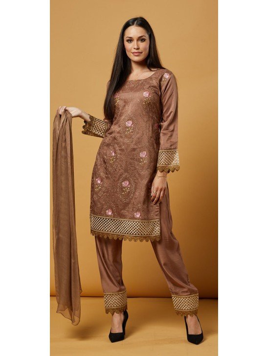 Tawny Birch Brown Embroidered Pakistani Street Style Salwar Kameez