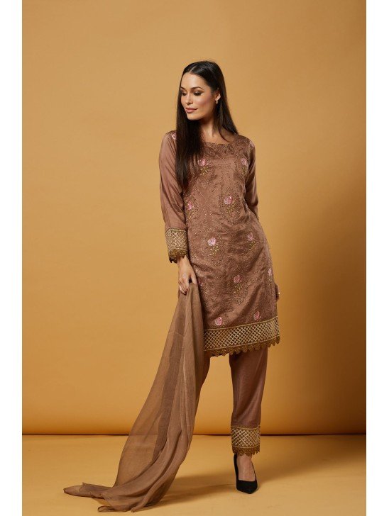 Tawny Birch Brown Embroidered Pakistani Street Style Salwar Kameez