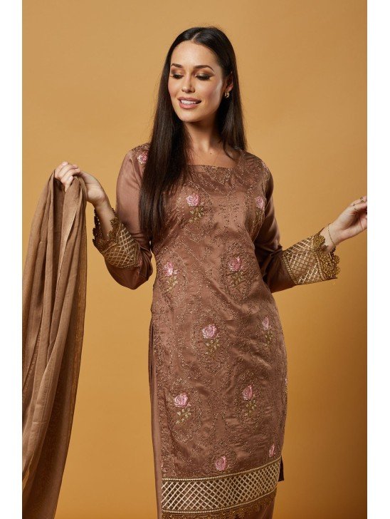 Tawny Birch Brown Embroidered Pakistani Street Style Salwar Kameez