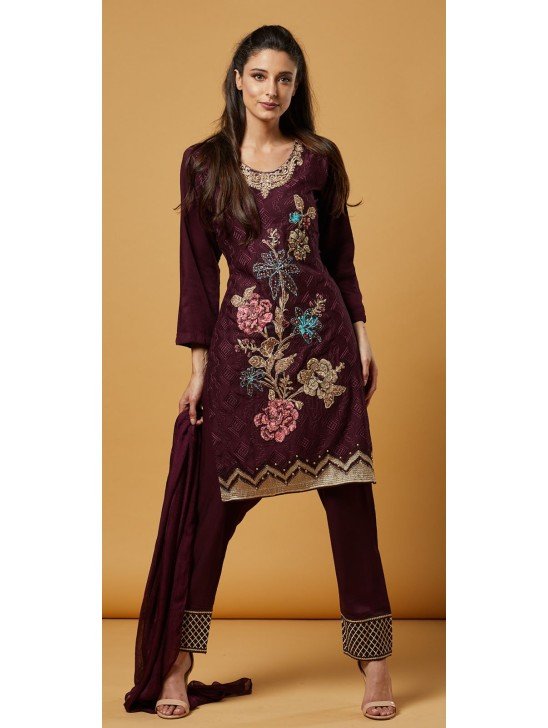 Plum Indian Designer Embroidered Salwar Suit