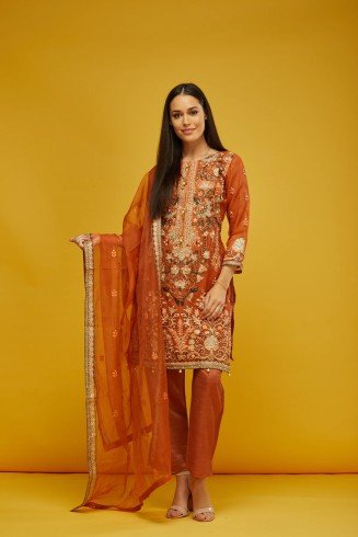 ORANGE PAKISTANI DESIGNERS READYMADE SALWAR SUIT