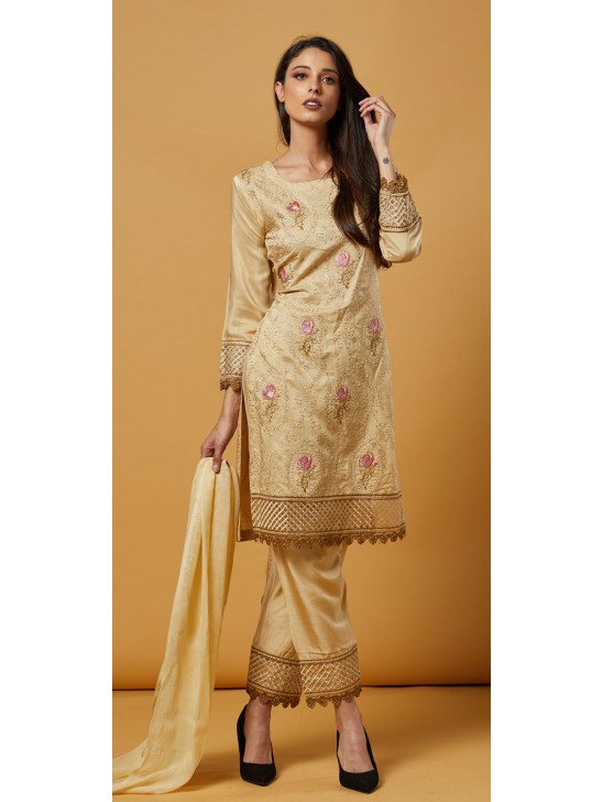 Beige Floral Embroidered Ready To Wear Salwar Kameez