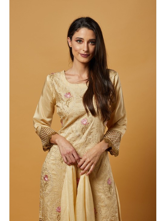 Beige Floral Embroidered Ready To Wear Salwar Kameez