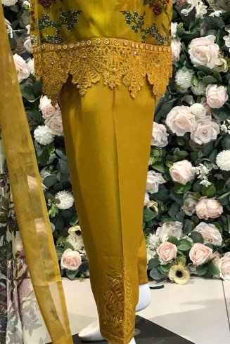 Mustard Printed & Embroidered Linen Readymade Suit