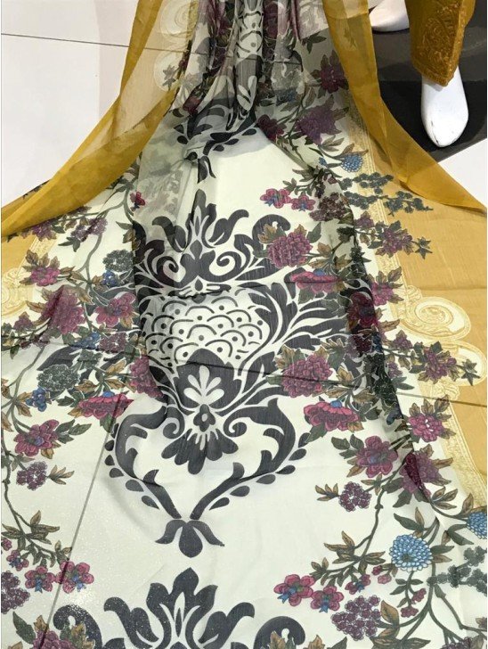 Mustard Printed & Embroidered Linen Readymade Suit