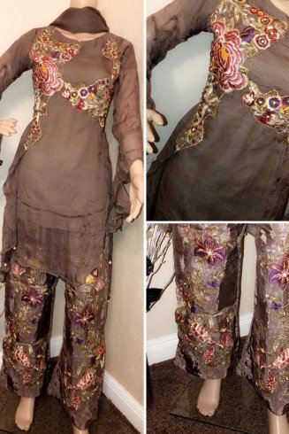 Brown Bronze Chiffon Suit Pakistani Designer Dress