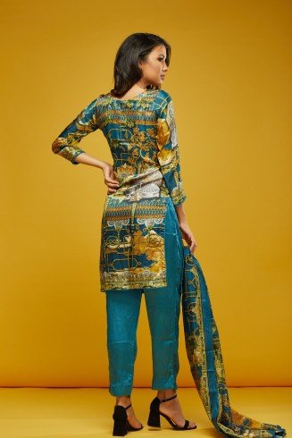 Teal Blue Printed Silk Ethnic Salwar Kameez