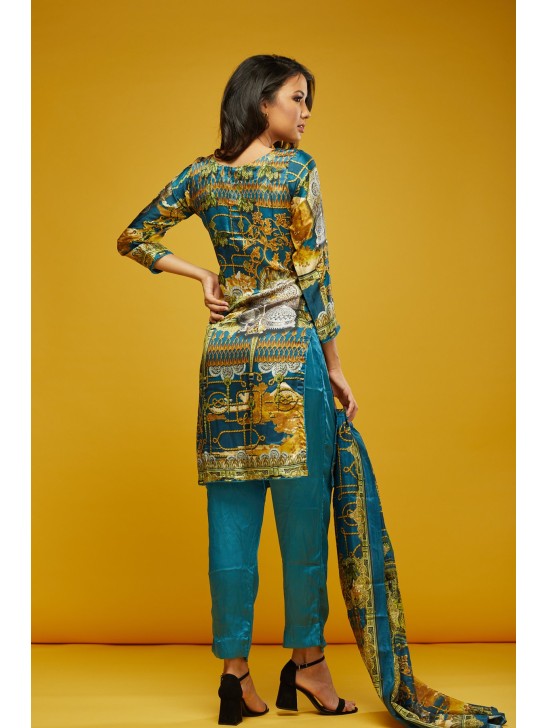 Teal Blue Printed Silk Ethnic Salwar Kameez